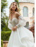 Beaded Ivory Lace Organza Pickup Wedding Dress With Detachable Sleeves